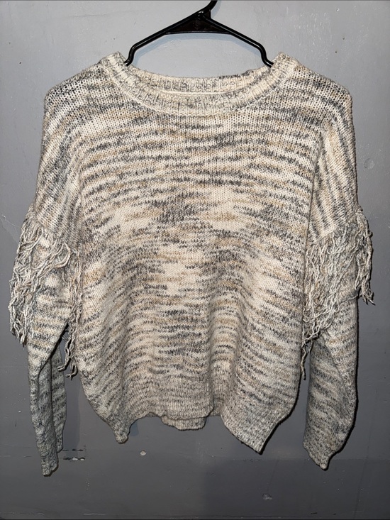 Calvin Klein Sweaters - Calvin Klein Marled Fringe Crewneck Sweater - Cream & Gray